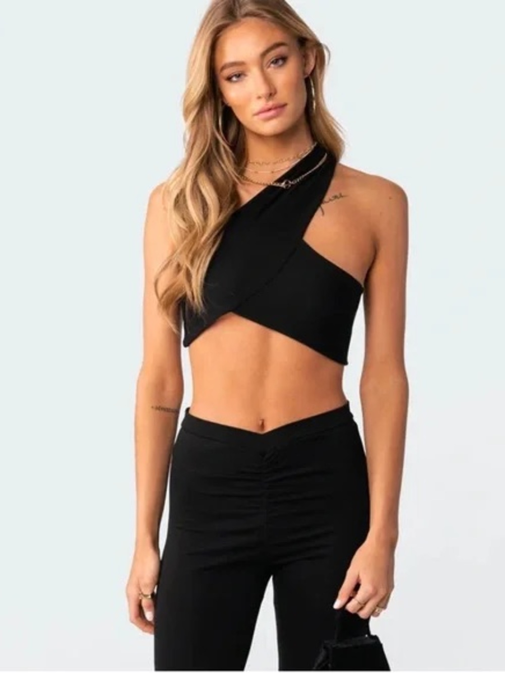 Edikted Black One-Shoulder Cross-Front Crop Top - Women